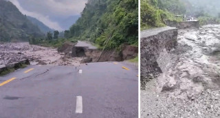 लेउती खोलाले सडक नै बगायो,  धरान–धनकुटा राजमार्ग अवरुद्ध
