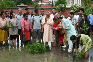 राष्ट्रपति पौडेल पनि धान रोपाइँमा  भयो  सहभागी