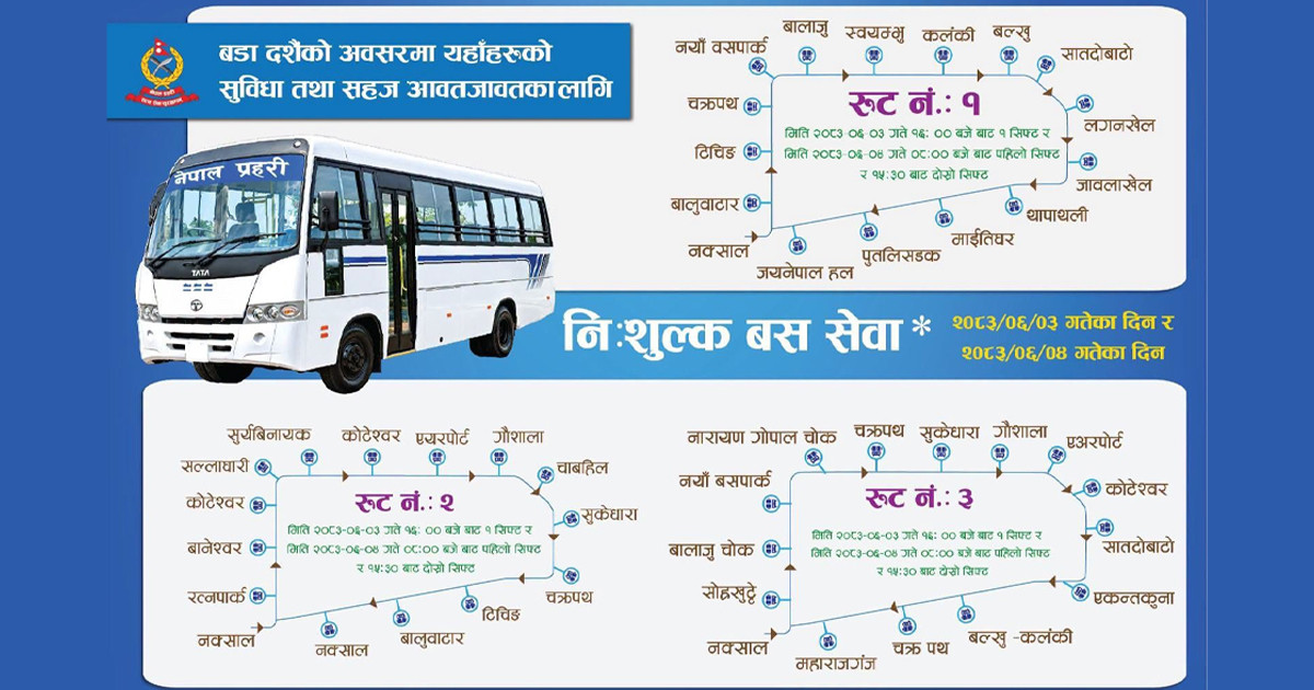 नेपाल प्रहरीले काठमाडौंमा आज पनि निःशुल्क बस सेवा सञ्चालन गर्ने